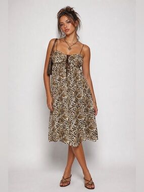 Vintage Y2K Chocolate Brown Babydoll Midi Dress Spaghetti Strap Lace Up Leopard